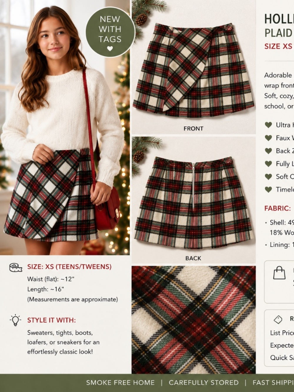 NWT Hollister Ultra High-Rise Plaid Wrap Mini Skirt | XS | Cotton Wool Blend